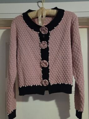 Pink Pearl-Trim Knit Cardigan Sweater